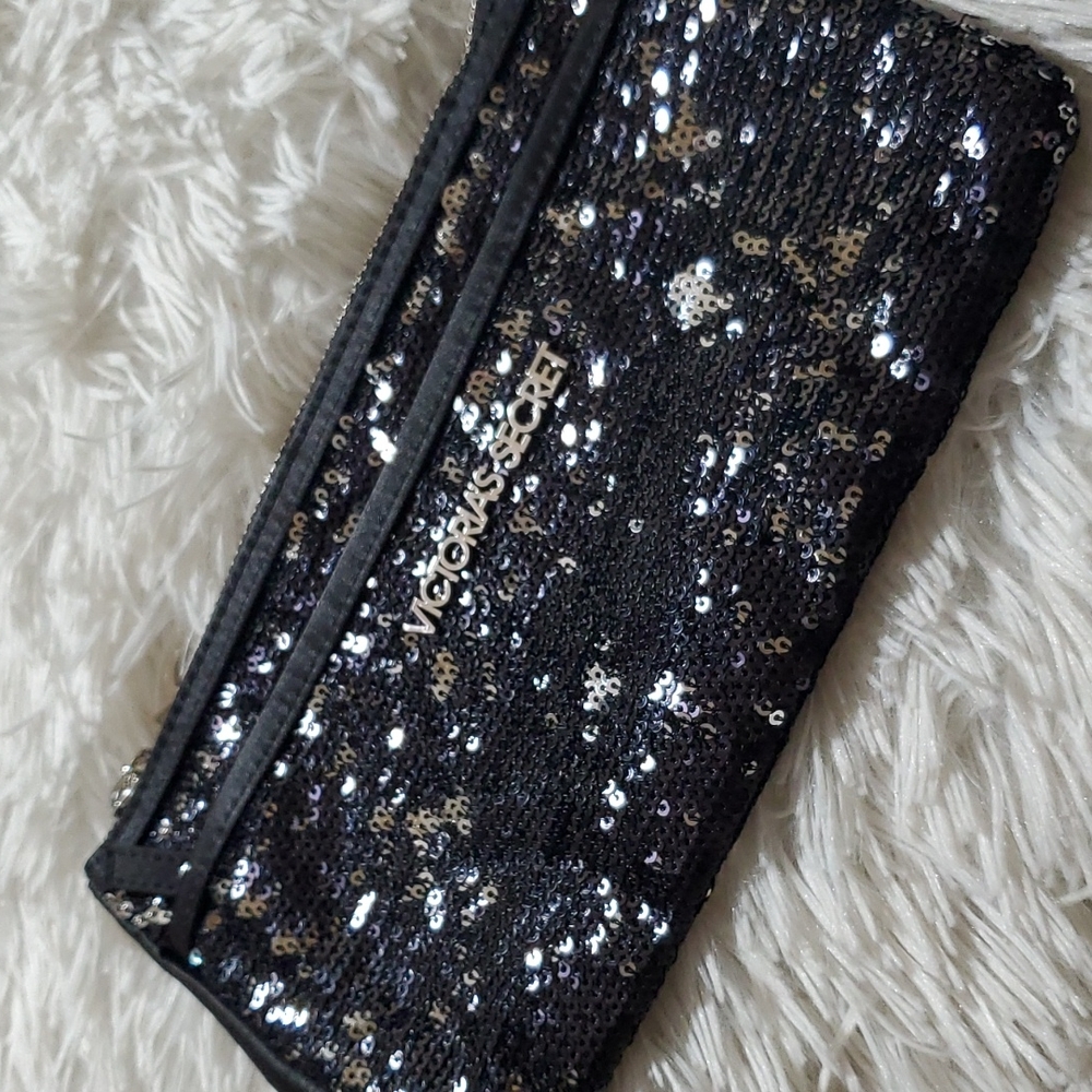 Victoria’s Secret Black Sequence Double Zipper Pocket Clutch Makup Bag